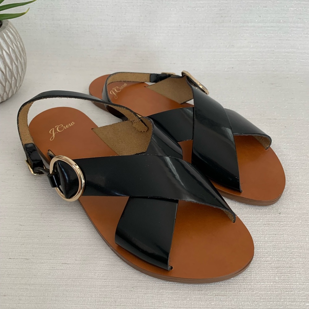 New J. Crew Spazzolato Black Leather Cross Strap Gianna Sandals Women's 9 Italy